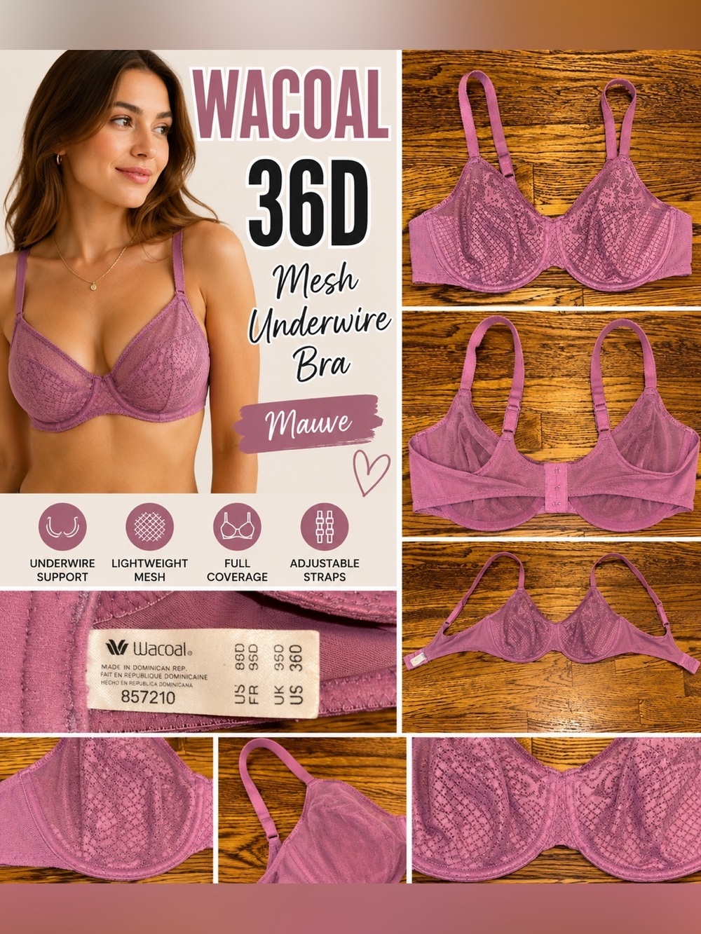Wacoal 36D Mauve Mesh Underwire Bra Style 857210 Unlined Full Coverage